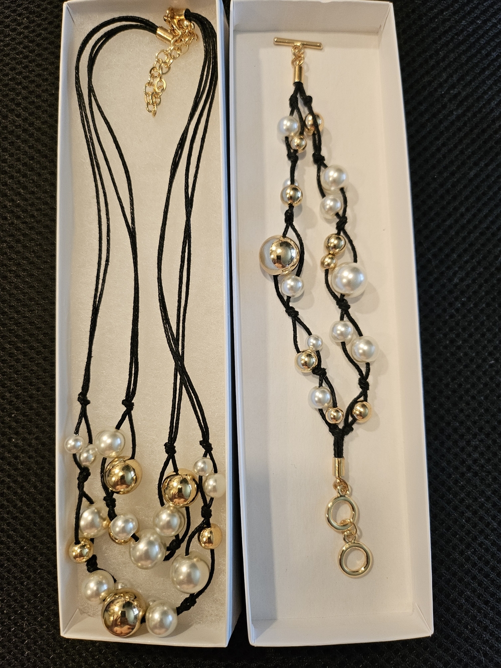 Multi-Strand Black Cord Necklace with Gold and Pearl Beads